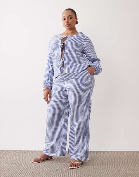 Esmée Curve - Pantalon de plage d'ensemble à rayures et cordon de serrage - Bleu/blanc - view 1
