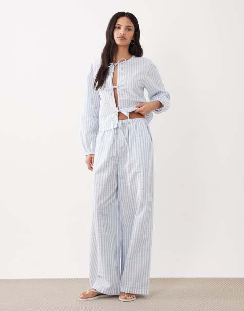 Esmée Curve - Pantalon de plage d'ensemble à rayures et cordon de serrage - Bleu/blanc - view 1