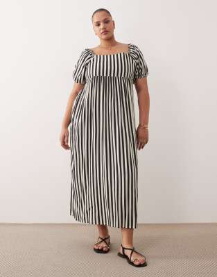 Esmee Curve puff sleeve beach maxi dress in black & cream stripes