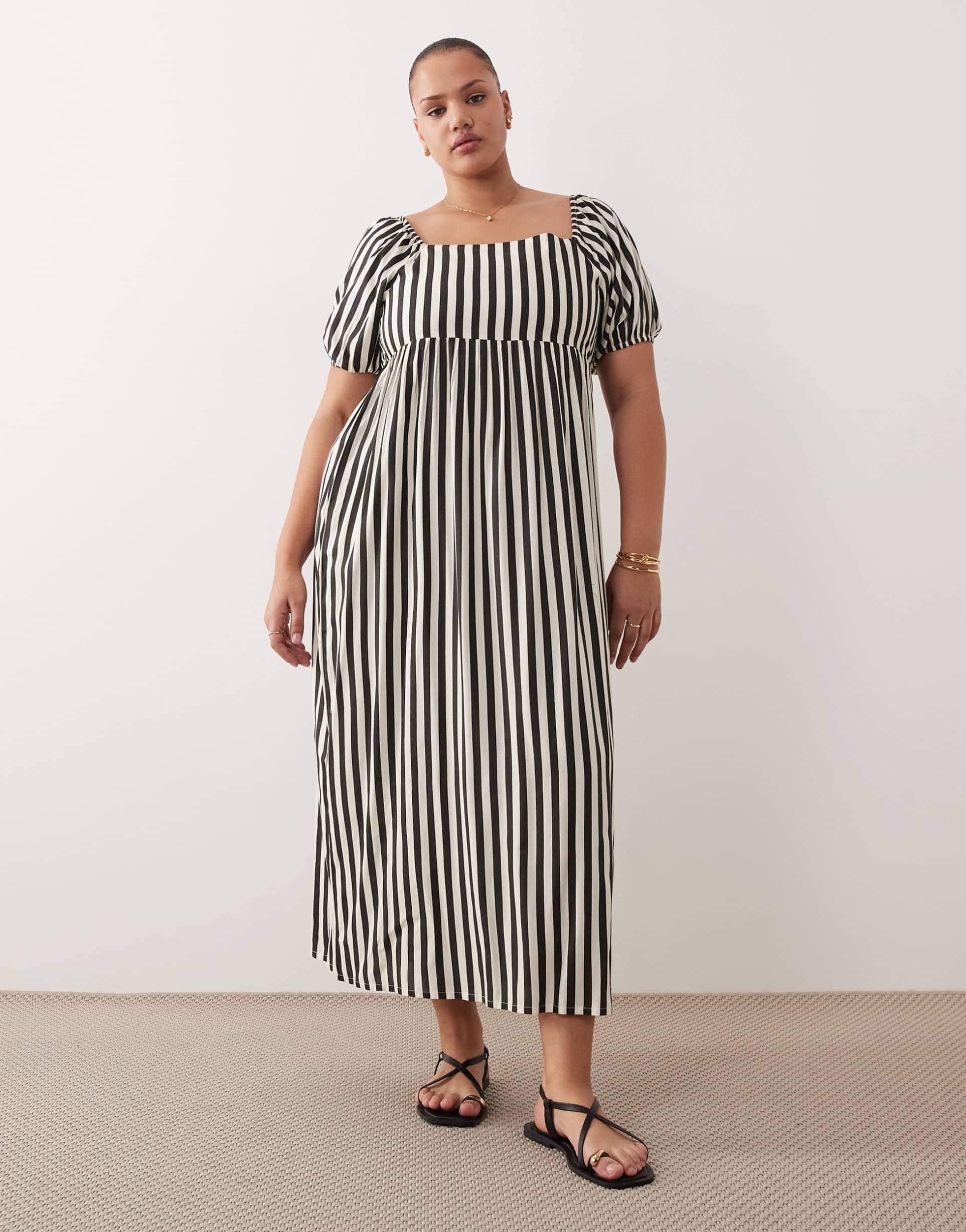 esmee curve puff sleeve beach maxi dress in black & cream stripes