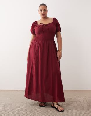 Esmee Curve puff sleeve tie front beach maxi dress in cherry red