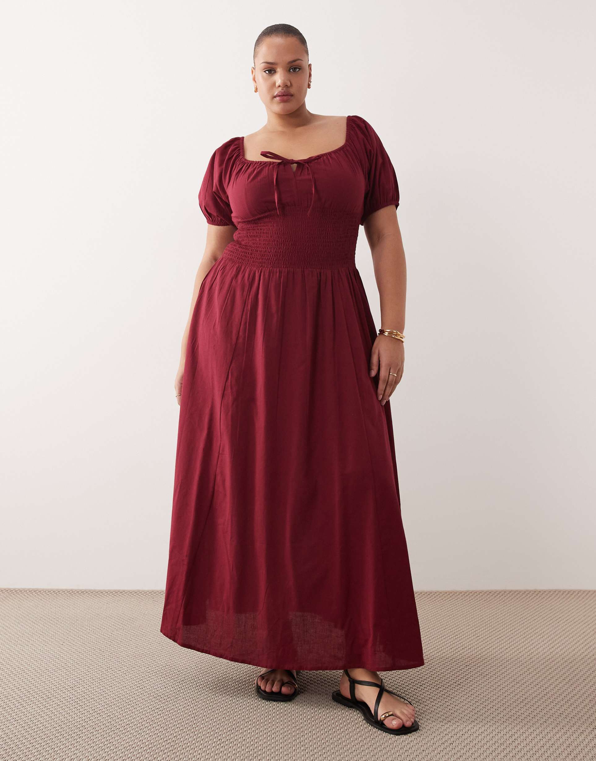 esmee curve puff sleeve tie front beach maxi dress in cherry red