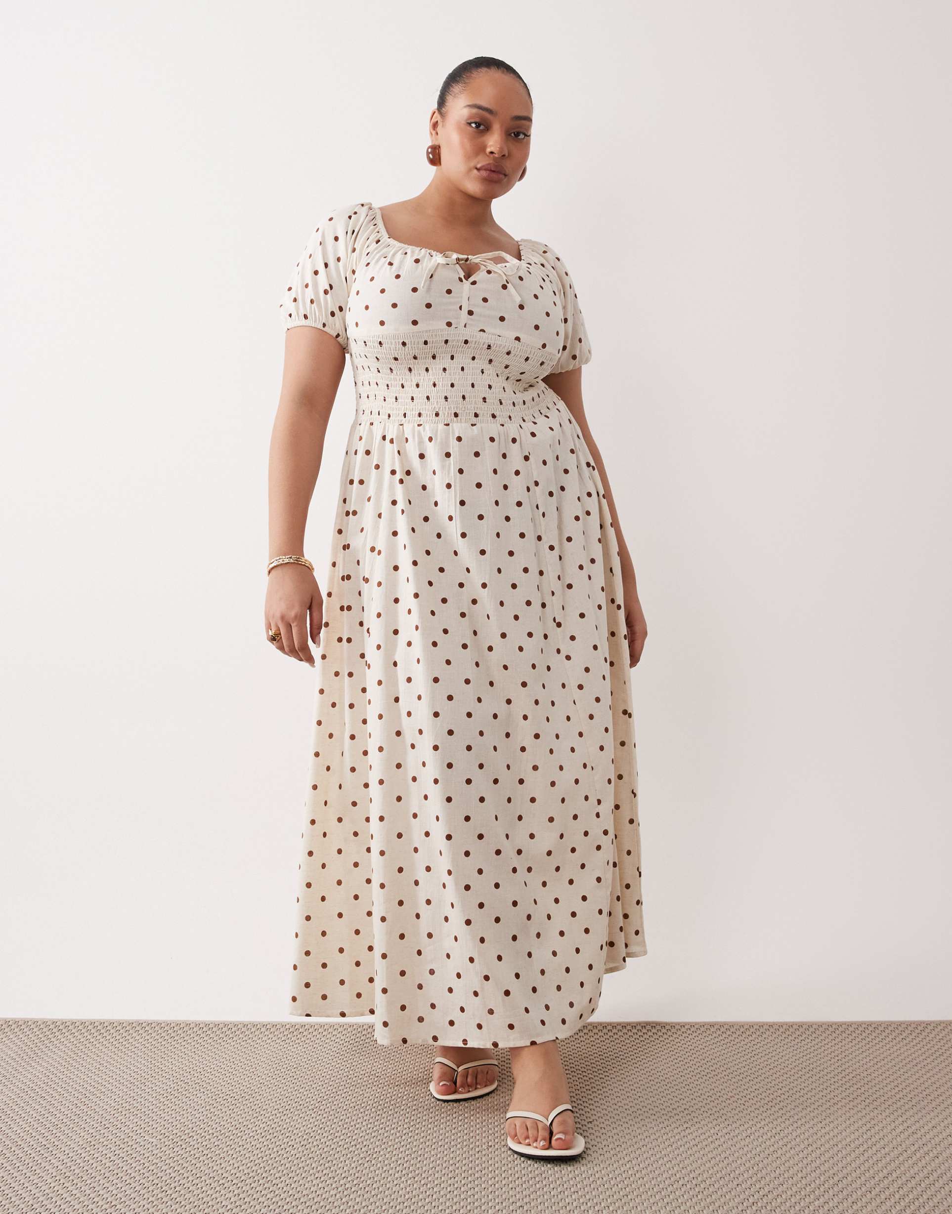 esmée curve puff sleeve tie front beach maxi dress in cream & brown polka dots
