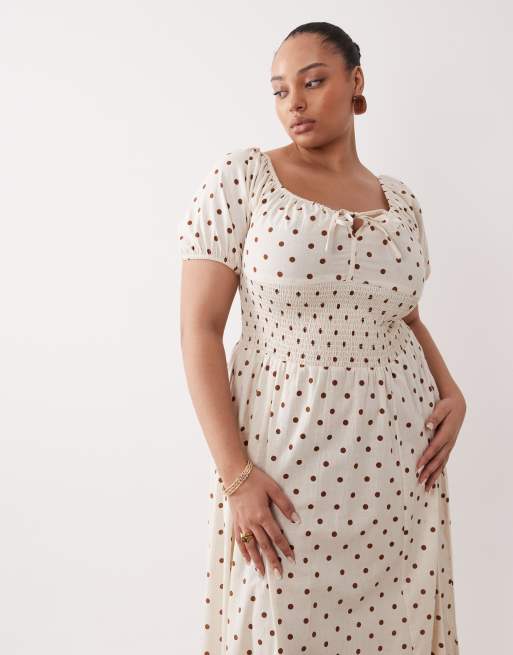 Esmée Curve puff sleeve tie front beach maxi dress in cream & brown polka dots, 3 of 4