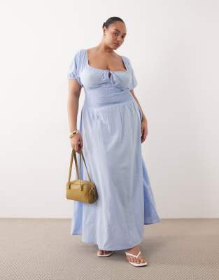 Esmee Curve puff sleeve tie front beach maxi dress in light blue | ASOS