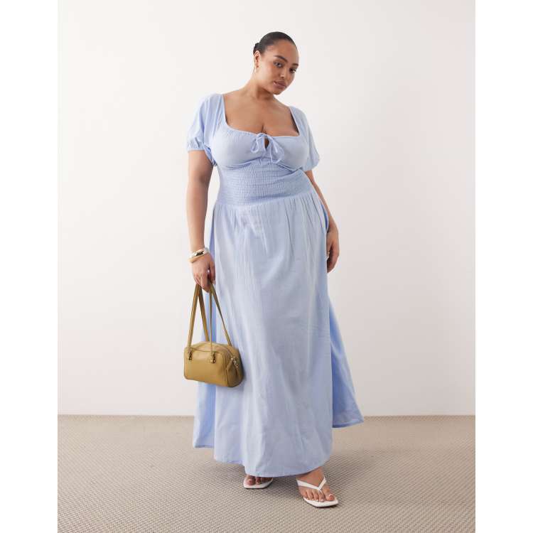 light blue dress with puff sleeves Light Blue Puff Sleeve High Waist Flowy Midi Dress – Femstylo main image 0