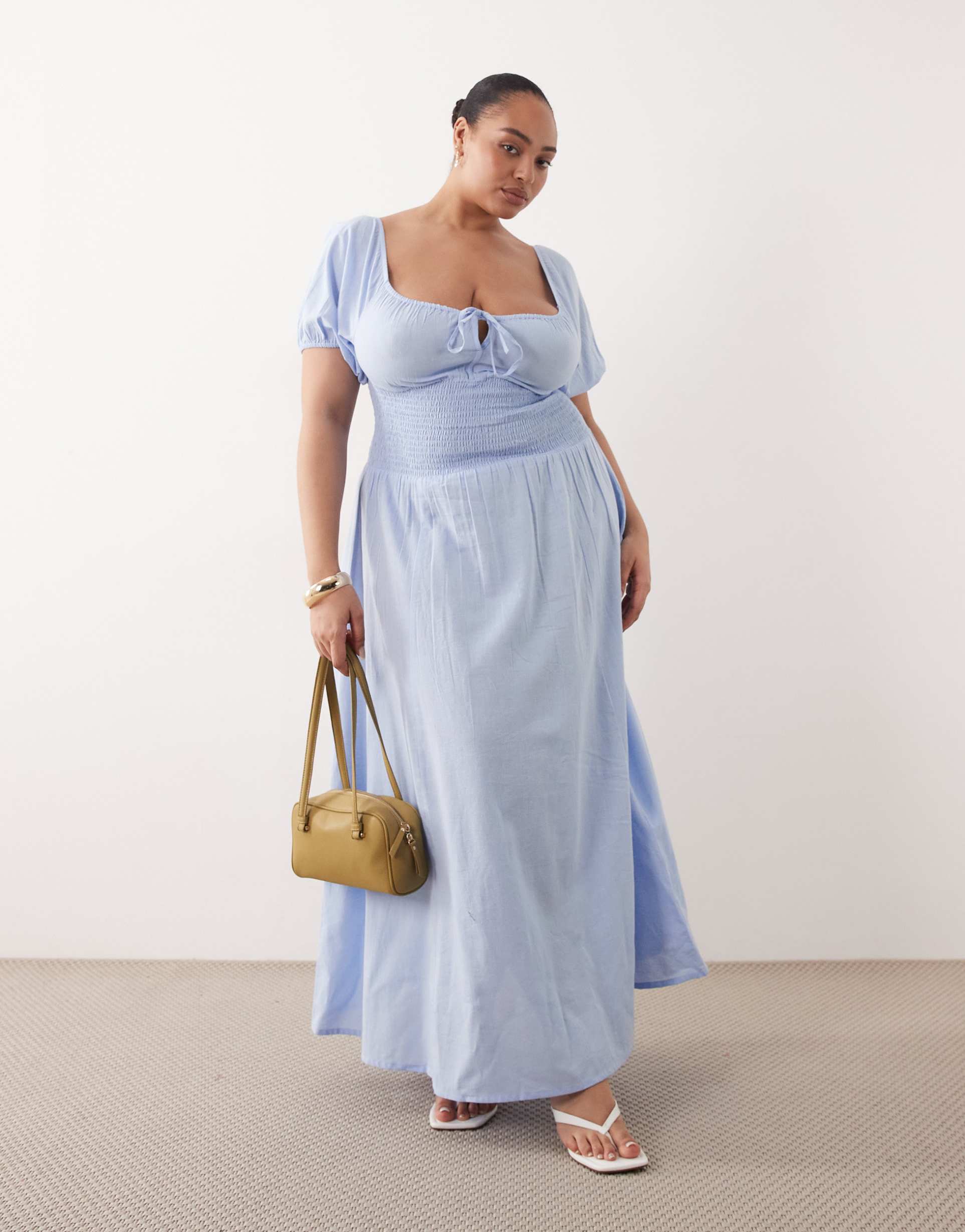 esmee curve puff sleeve tie front beach maxi dress in light blue