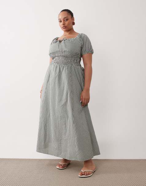 Esmée Curve puff sleeve tie front beach maxi dress in olive gingham - view 1