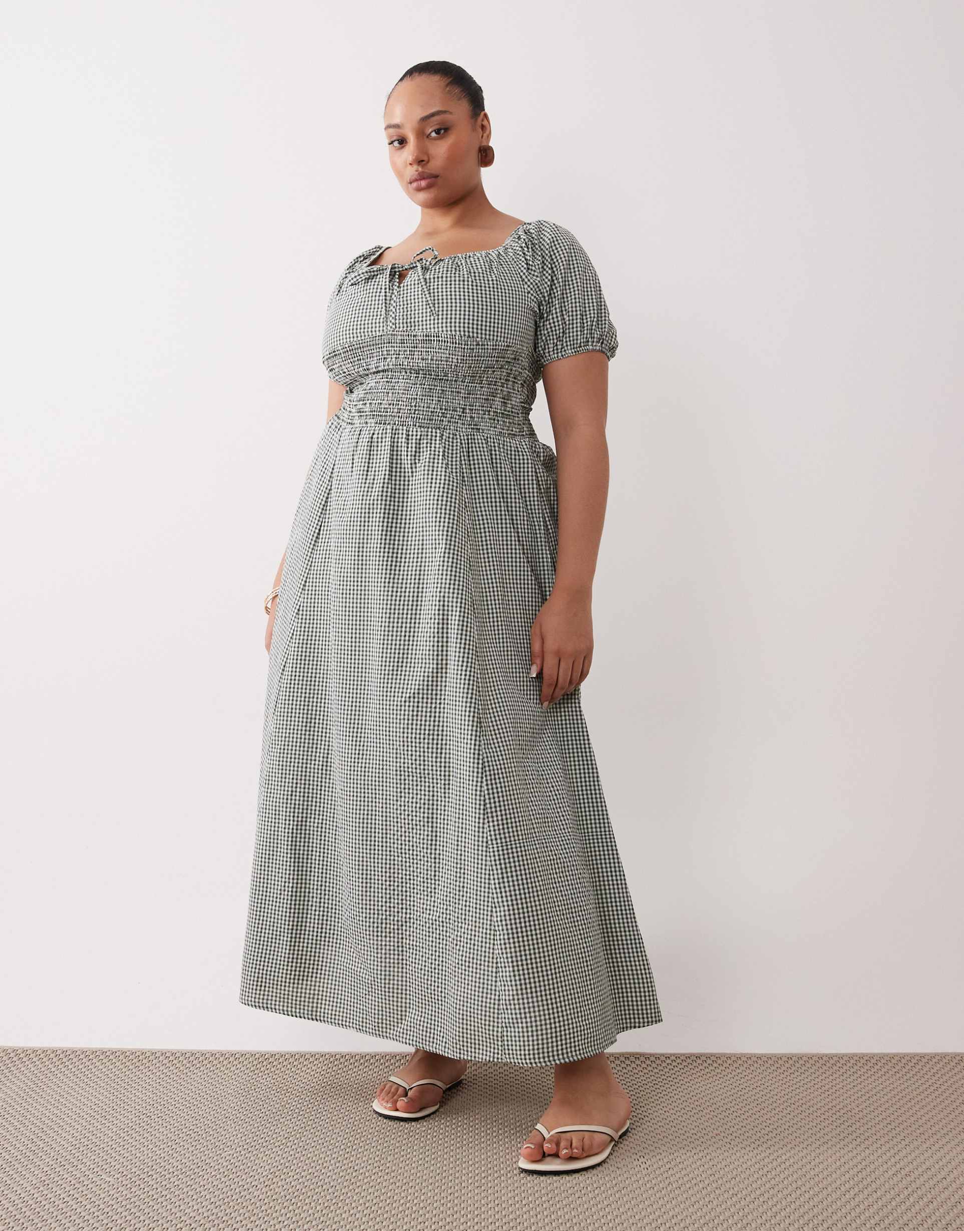 esmée curve puff sleeve tie front beach maxi dress in olive gingham