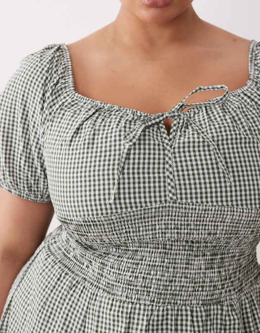 Esmée Curve puff sleeve tie front beach maxi dress in olive gingham, 3 of 4