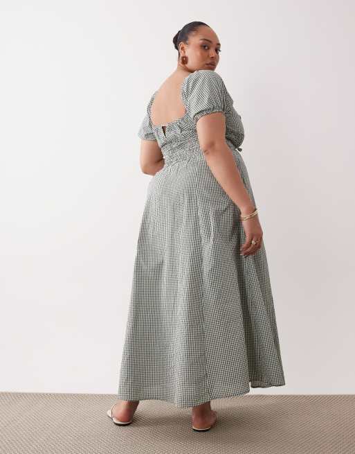 Esmée Curve puff sleeve tie front beach maxi dress in olive gingham, 4 of 4