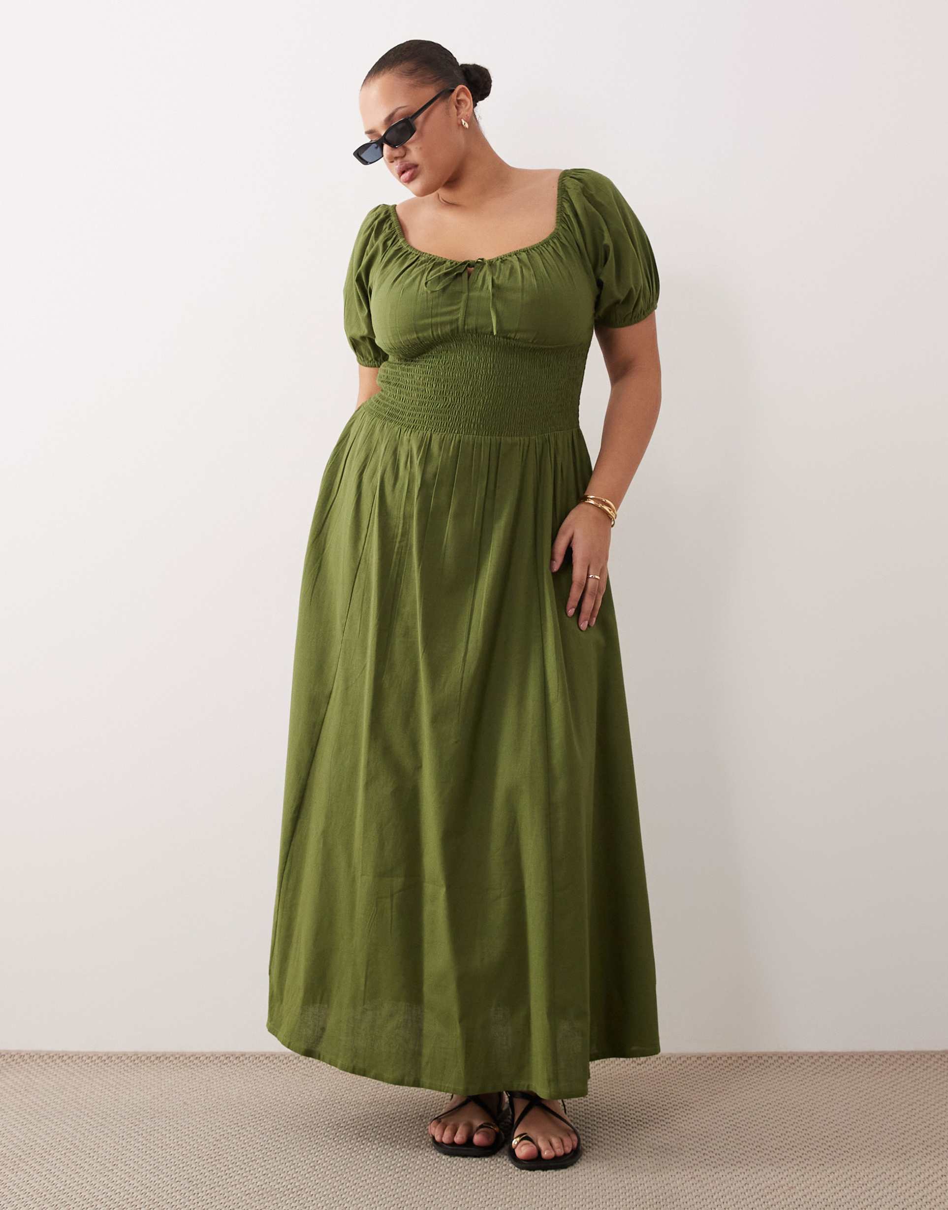 esmee curve puff sleeve tie front beach maxi dress in olive