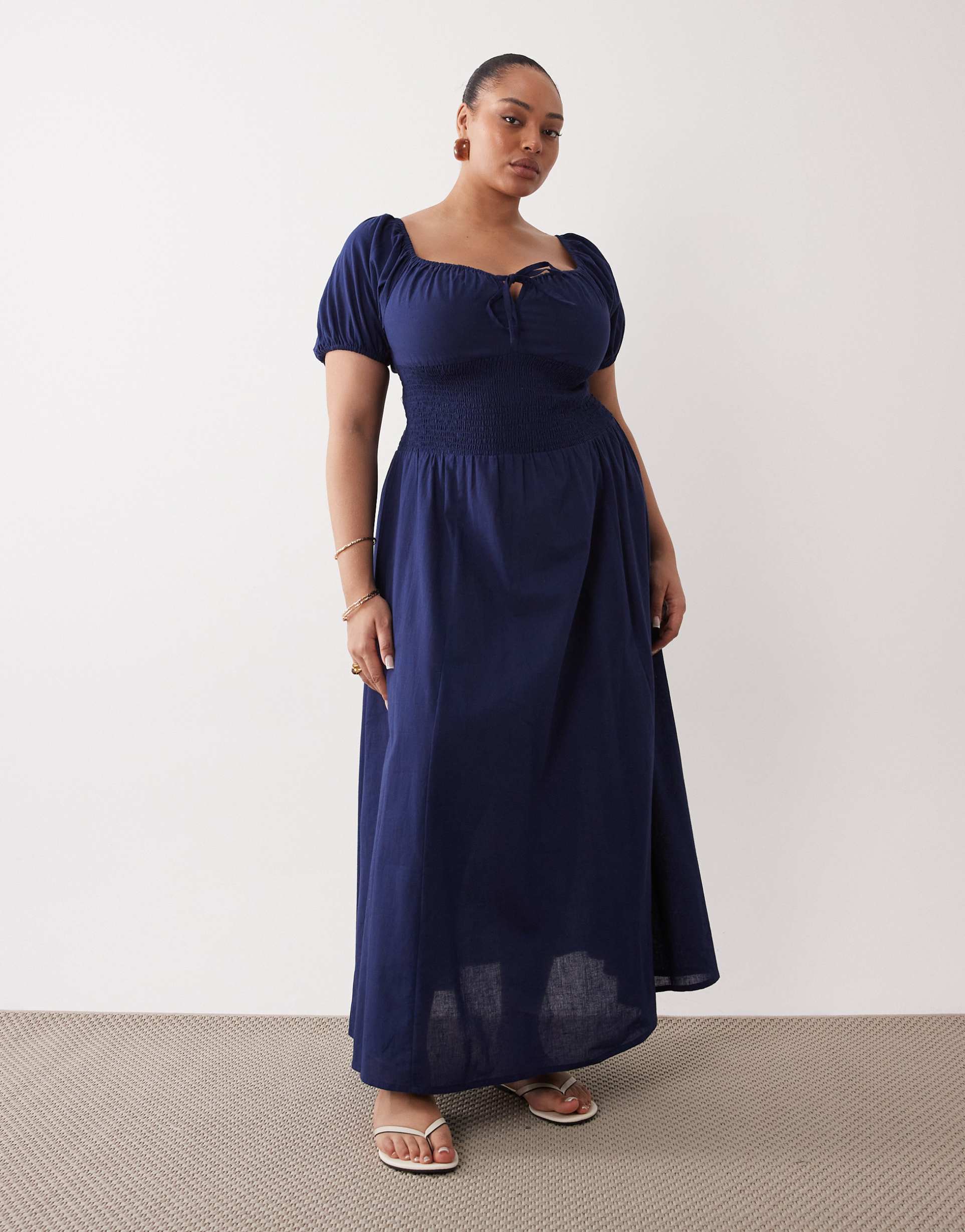 esmée curve puff sleeve tie front beach midaxi dress in navy