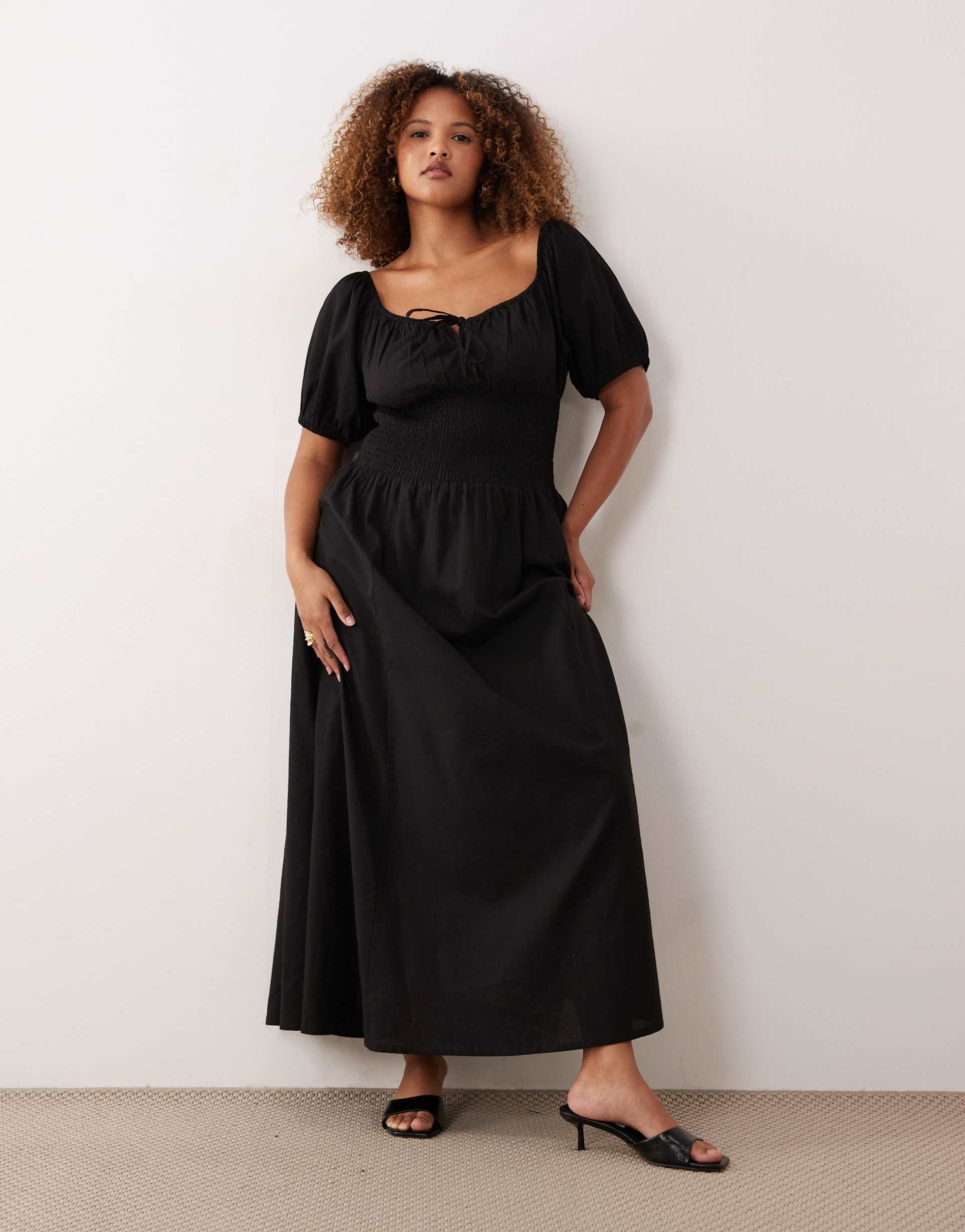 esmee curve puff sleeve tie front maxi beach dress in black