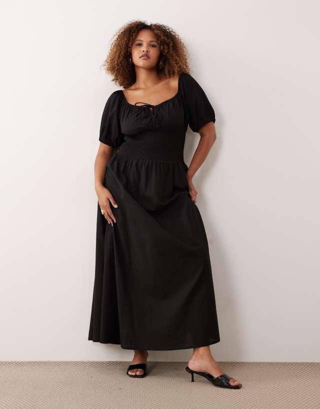 black beach dress plus size Esmee Curve puff sleeve tie front maxi in Color:Sky Gray