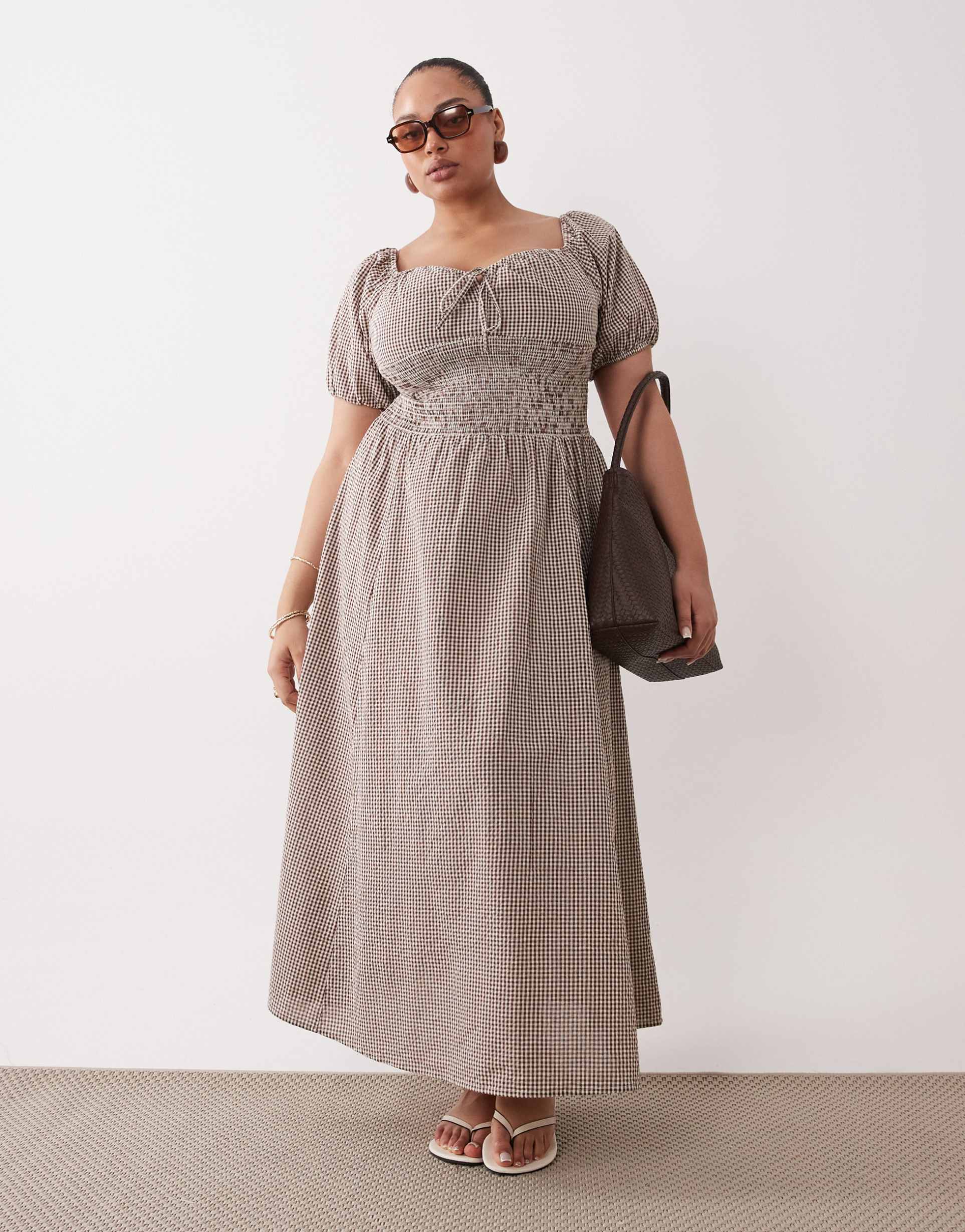 esmée curve puff sleeve tie front maxi beach dress in brown & cream gingham
