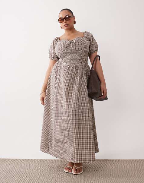 Esmee Curve puff sleeve tie front maxi beach dress in brown & cream gingham
