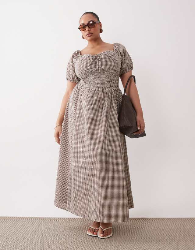 plus size brown gingham dress Esmée Curve puff sleeve tie front maxi beach in & cream 100% COTTON size-30w Brown Dress Captions Color:Bubblegum