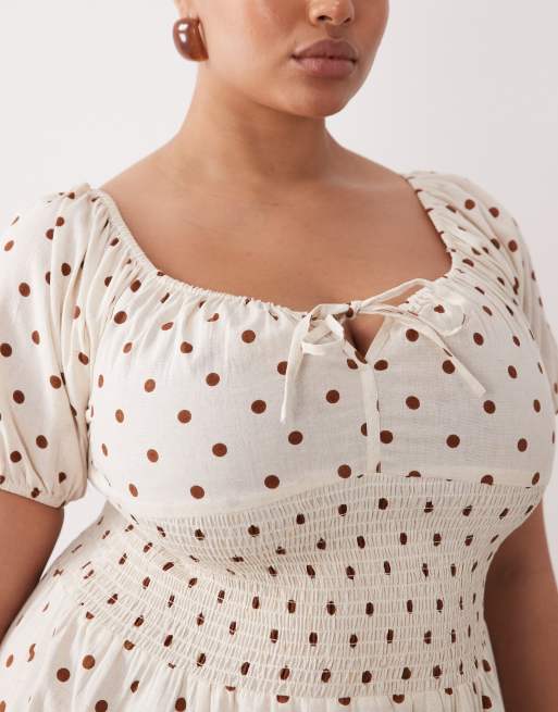 Esmee Curve puff sleeve tie front maxi beach dress in cream & brown polka dot, 2 of 4