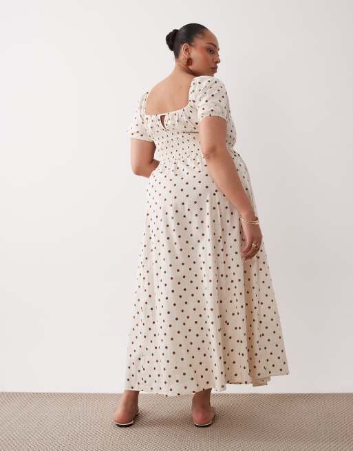 Esmee Curve puff sleeve tie front maxi beach dress in cream & brown polka dot, 4 of 4