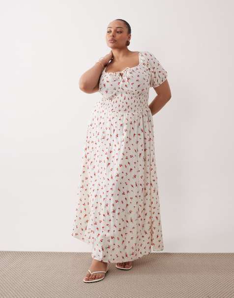 Esmée Curve puff sleeve tie front maxi beach dress in red delicate floral - view 1