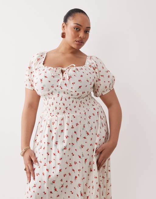 Esmée Curve puff sleeve tie front maxi beach dress in red delicate floral, 2 of 4
