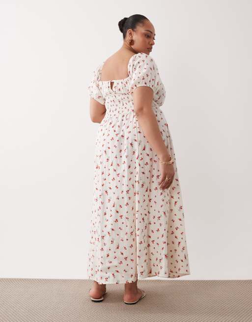 Esme Curve puff sleeve tie front maxi beach dress in red delicate floral |  ASOS