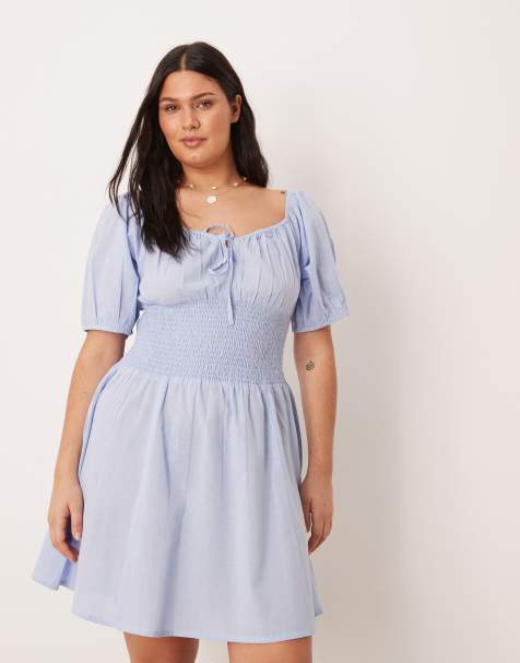 Esmee Curve puff sleeve tie front mini beach dress in light blue - view 1