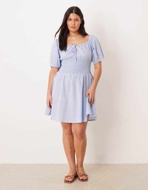 Esmée Curve - Robe de plage courte avec manches bouffantes et détail noué à l'avant - Bleu clair, 2 de 4