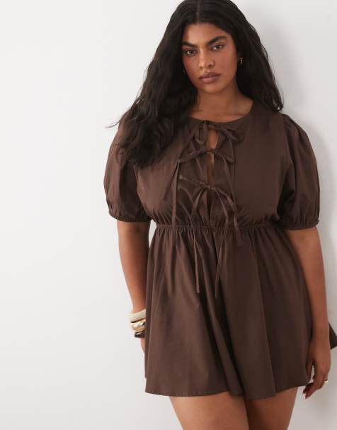 Esmee Curve - Robe de plage courte nouée devant à manches bouffantes - Marron chocolat - view 1