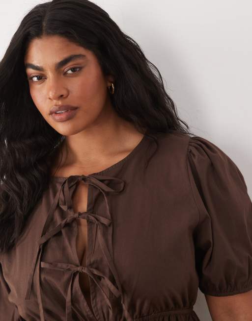 Esmee Curve - Robe de plage courte nouée devant à manches bouffantes - Marron chocolat, 4 de 4