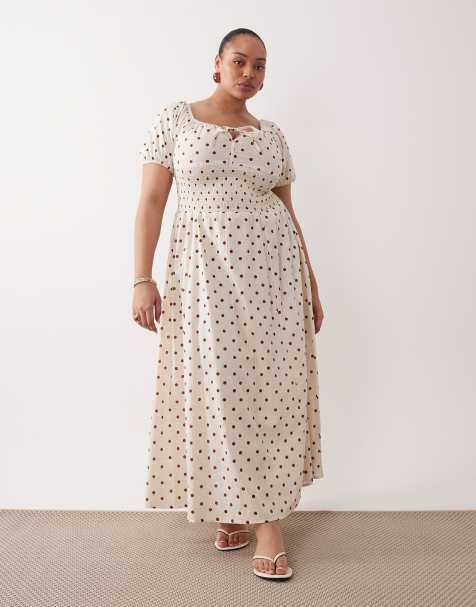 Esmée Curve - Robe de plage longue à pois avec manches bouffantes et liens noués sur l'avant - Crème/marron - view 1