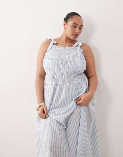 Esmée Curve - Robe de plage longue froncée à rayures et bretelles nouées - Bleu et blanc, 3 de 4