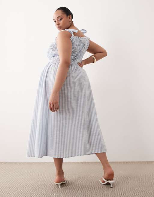Esmée Curve - Robe de plage longue froncée à rayures et bretelles nouées - Bleu et blanc, 4 de 4