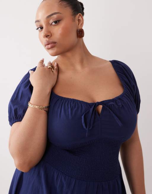 Esmée Curve - Robe longue de plage nouée sur le devant à manches bouffantes - Bleu marine, 2 de 4