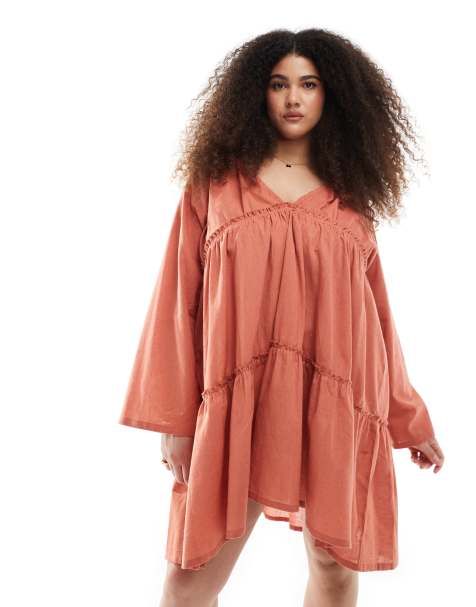Esmée Curve – Rostfärgad strandklänning i minilängd med panelsydd design och långa ärmar, exklusivt hos ASOS - view 1