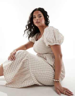 Esmee Curve ruched puff sleeve gingham maxi beach dress in beige and white-Multi φωτογραφία
