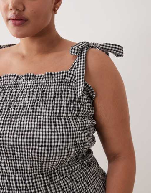 Esmee Curve - Rynket strand-maxikjole med bindestropper og sorte og hvide gingham-tern, 4 af 4