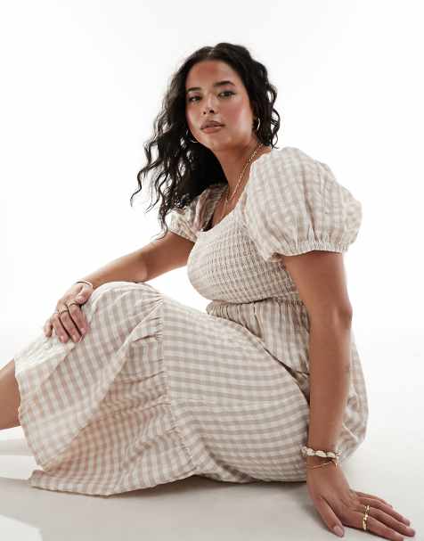 Esmée Curve - Rynket strand-maxikjole med pufærmer og beige/hvide gingham-tern - view 1