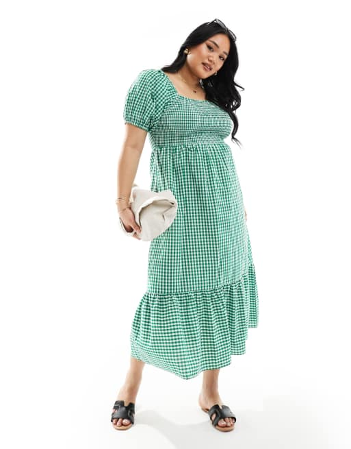 Esmée Curve – Schulterfreies Maxi-Strandkleid in Dunkelgrün mit Vichy-Karo, geraffter Brustpartie und Puffärmeln 