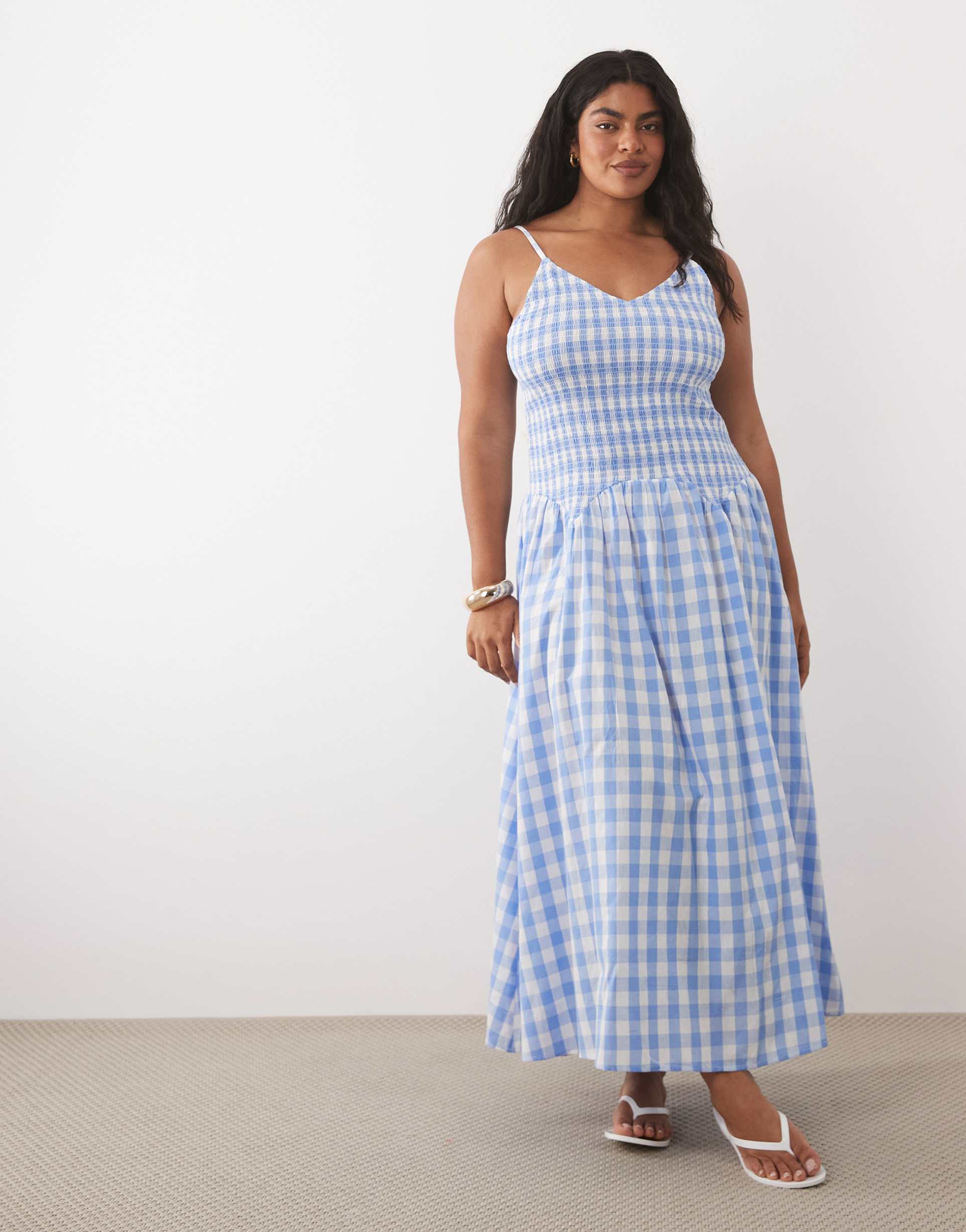 esmee curve shirred drop waist maxi beach dress in blue & white gingham