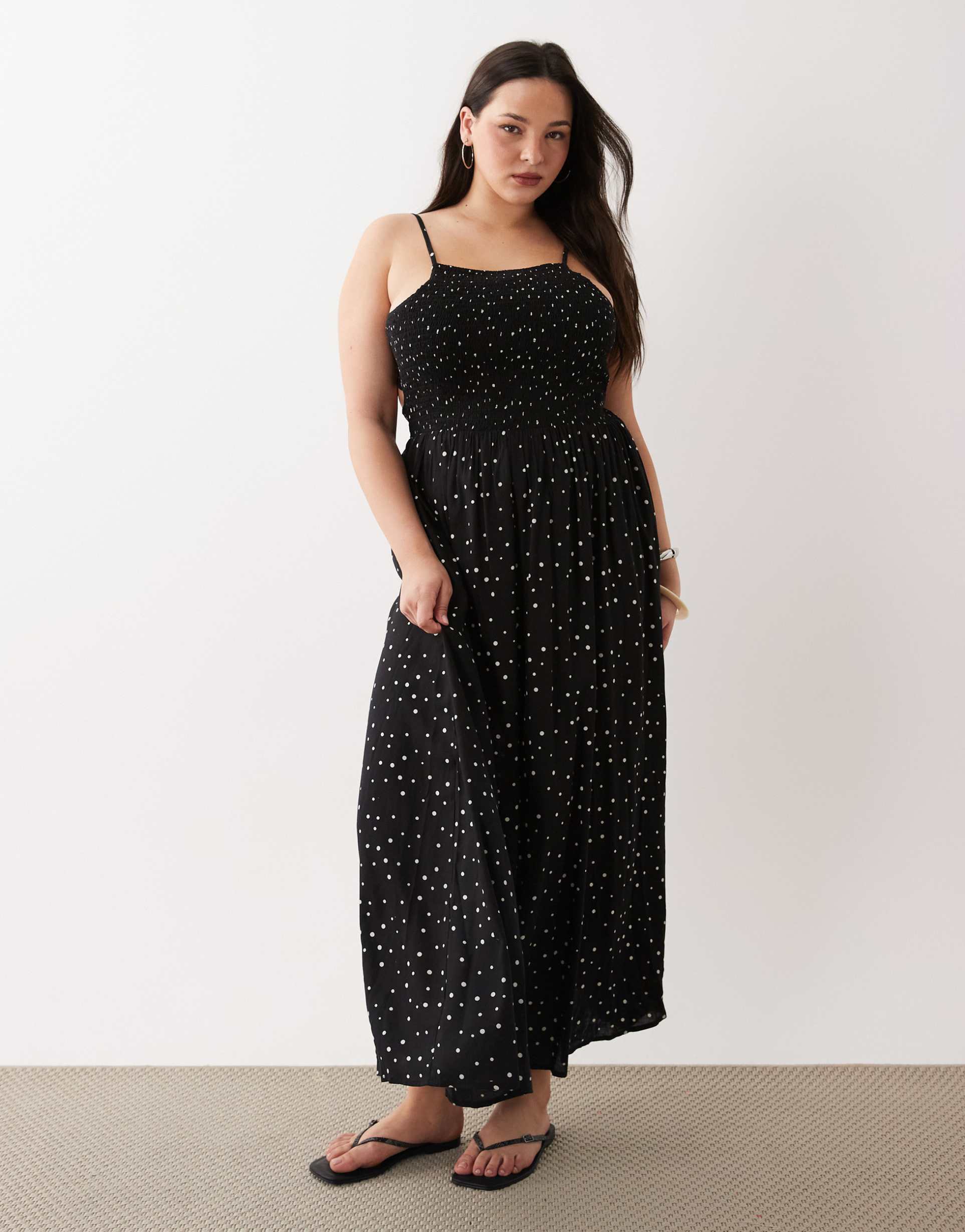 esmee curve shirred maxi beach dress in black & white polka dot