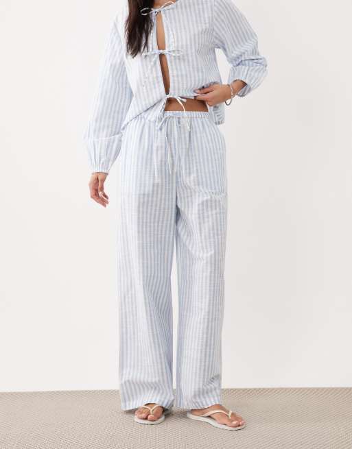 Esmée Curve tie front beach pants in blue & white stripe - part of a set, 2 of 5