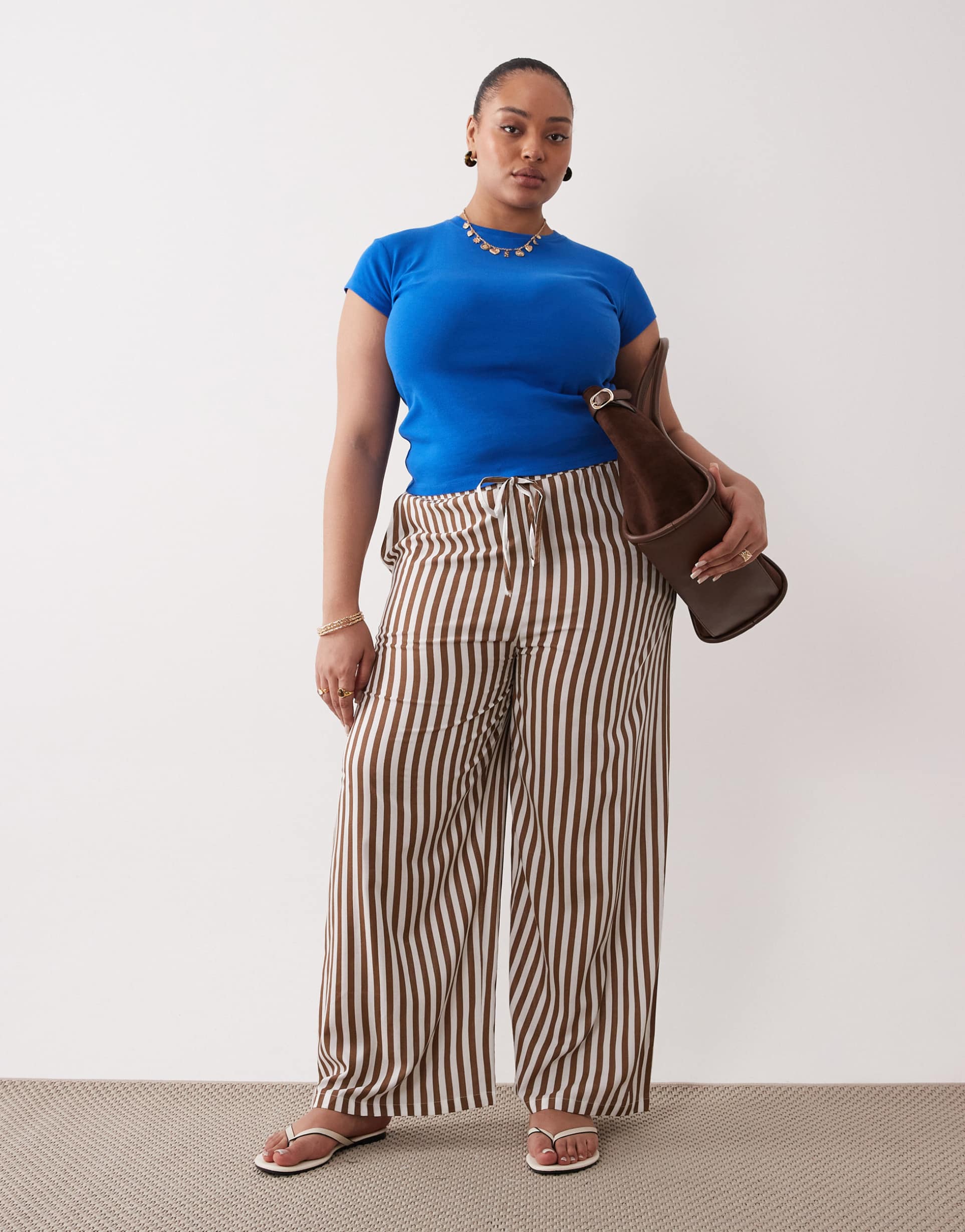 esmée curve tie front beach pants in brown & cream stripes