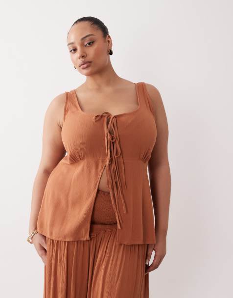 Esmee Curve tie front beach top co-ord in rust - view 1