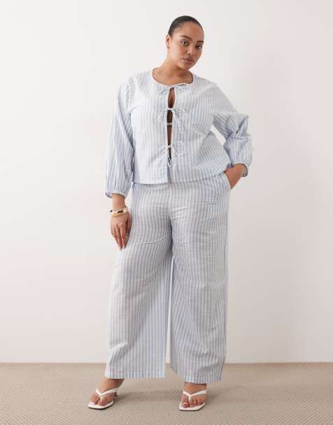 Esmee Curve tie front beach trouser co-ord in blue & white stripe - view 1