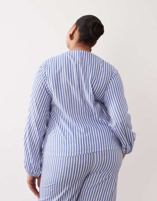 Esmee Curve tie front long sleeve beach top co-ord in blue & white stripe , 4 of 4