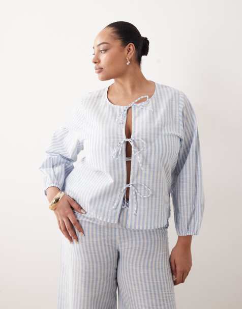 Esmee Curve tie front long sleeve beach top co-ord in blue & white stripe - view 1