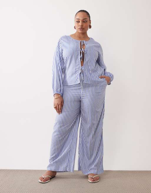 Esmee Curve tie front long sleeve beach top in blue & white stripe (part of a set) , 3 of 4