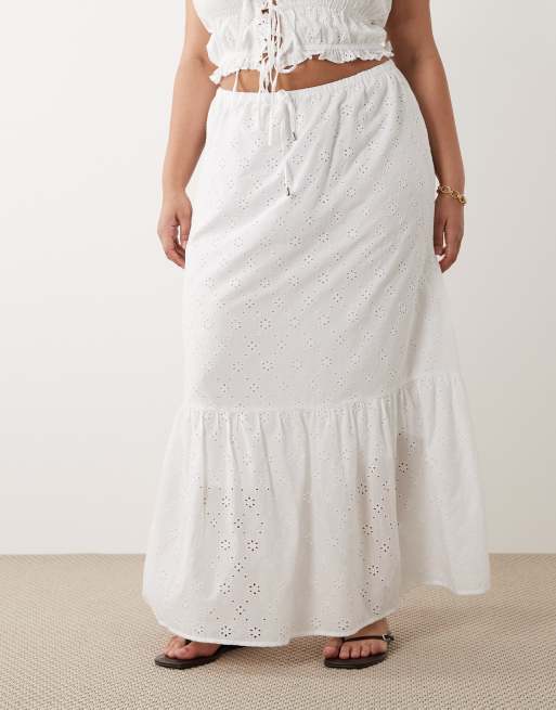 Esmee Curve tie front maxi broderie beach skirt in white, 2 of 5